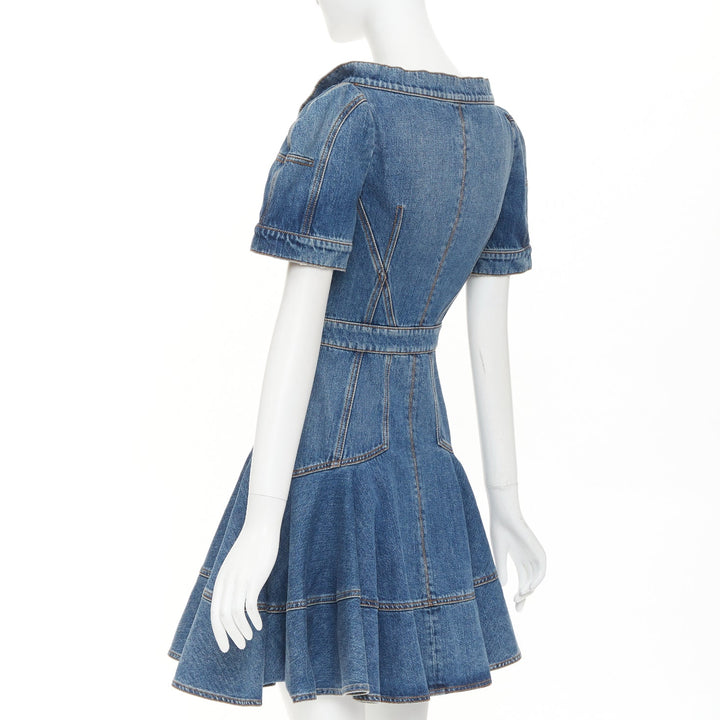 ALEXANDER MCQUEEN 2021 Runway blue denim open boat neck puff sleeve dress IT40 S