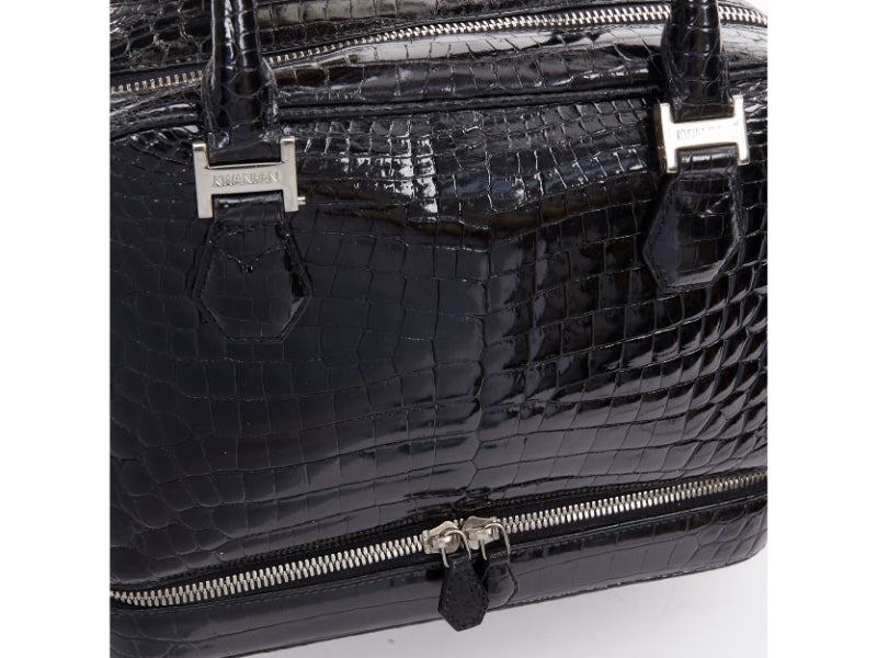 KWANPEN black high shine glossy scaled leather silver hardware zip top handbag