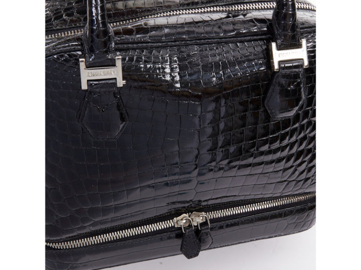 KWANPEN black high shine glossy scaled leather silver hardware zip top handbag