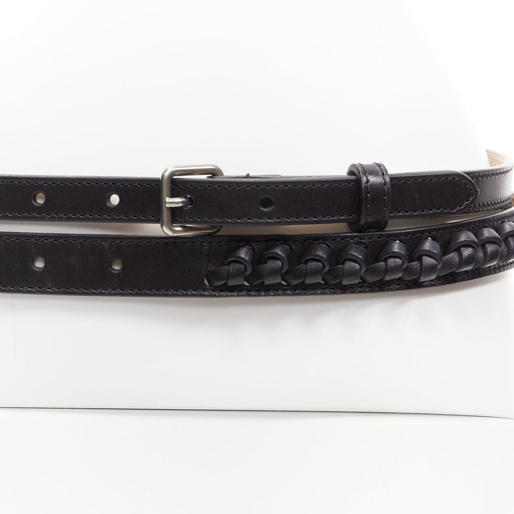 ALEXANDER MCQUEEN black leather braided detail double wrap belt 80cm