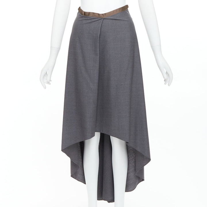 BRUNELLO CUCINELLI grey virgin wool drape high low skirt IT36 XXS
