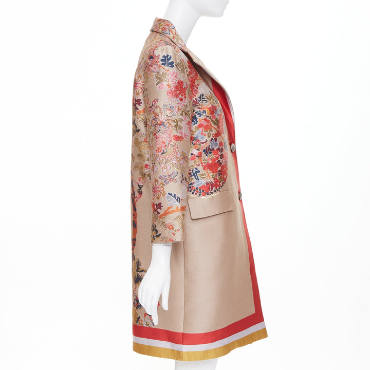 ETRO taupe red placed floral cotton blend jacquard overcoat IT42 M