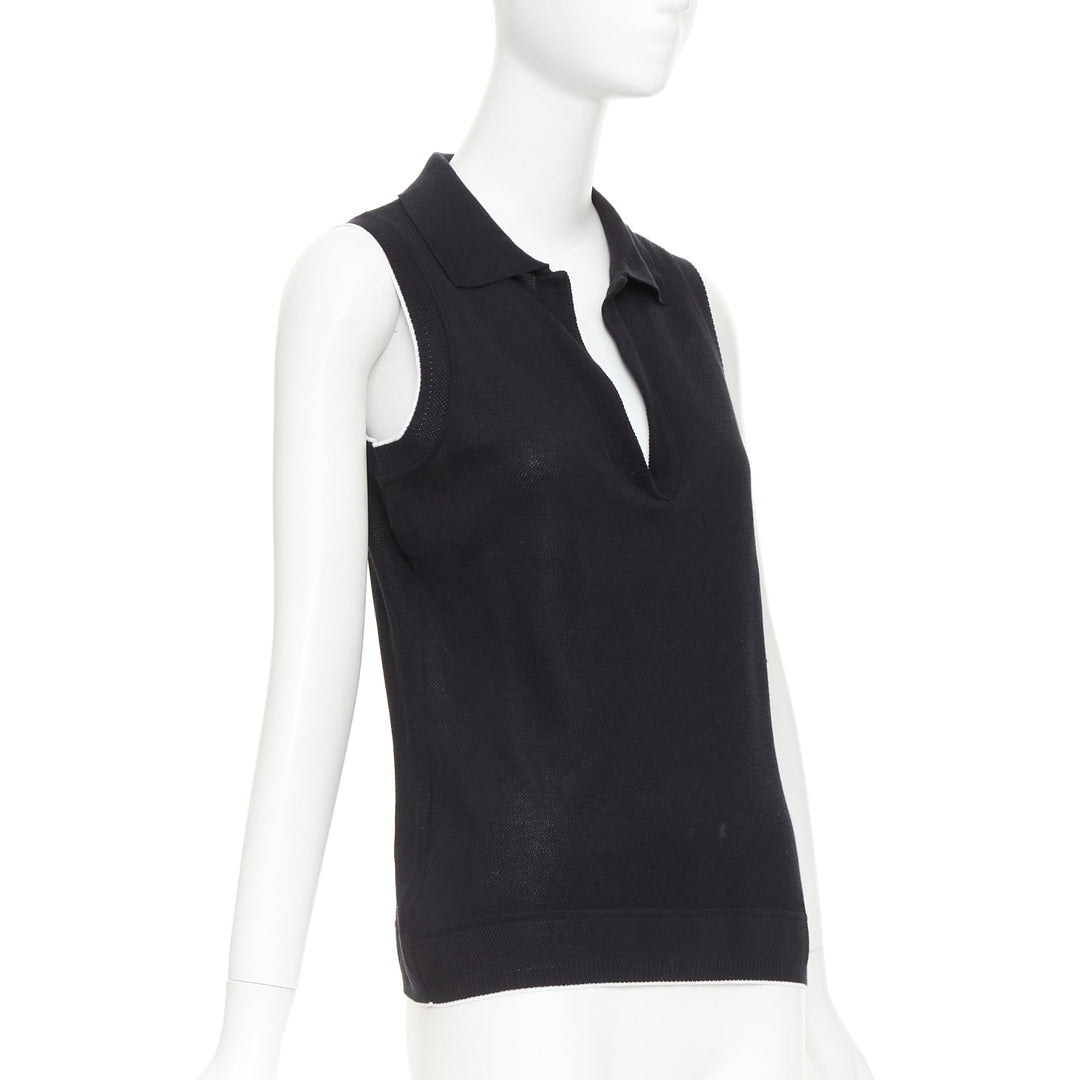 CHANEL 2001 Vintage black CC logo sleeveless white trim knit polo top FR40 L
