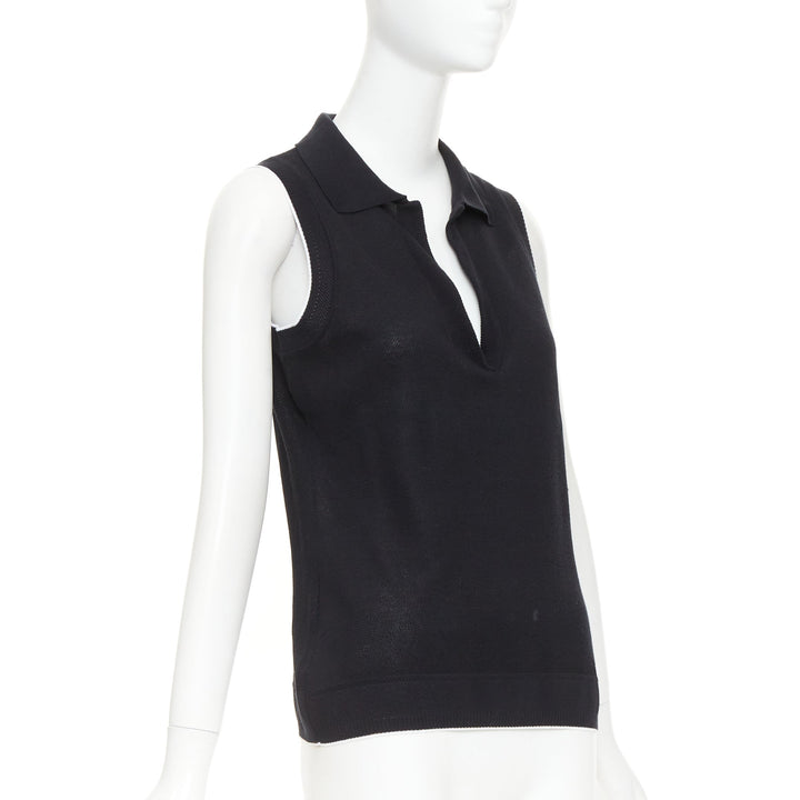 CHANEL 2001 Vintage black CC logo sleeveless white trim knit polo top FR40 L