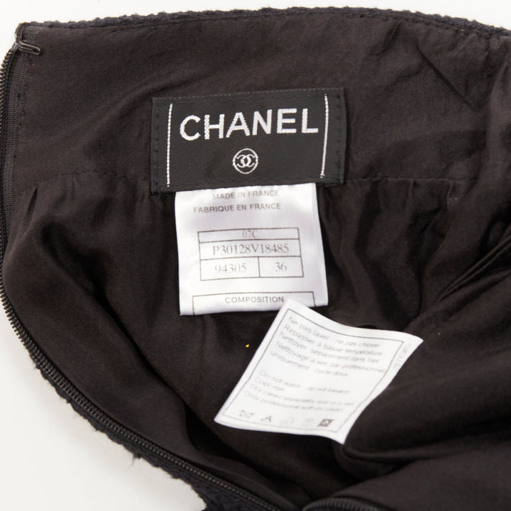 CHANEL 07C black cotton tweed ruched waist silk lined mini skirt FR36 S