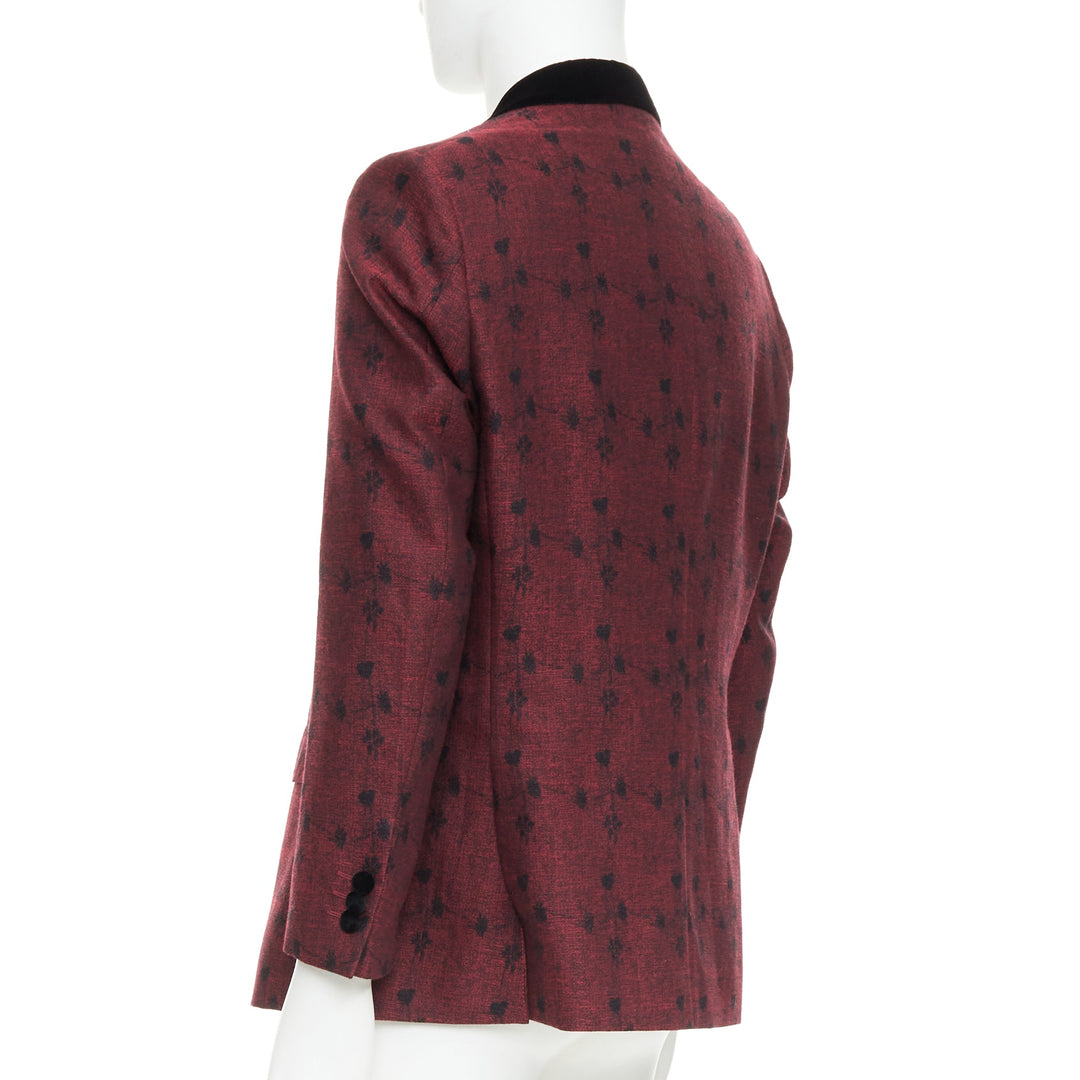 ETRO wine red velvet trim wool silk single breasted floral blazer IT52 XL