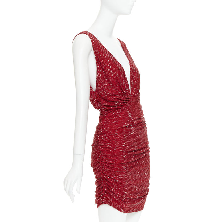 ALEXANDRE VAUTHIER Daring Red crystal stass encrusted plunge mini dress IT40 S