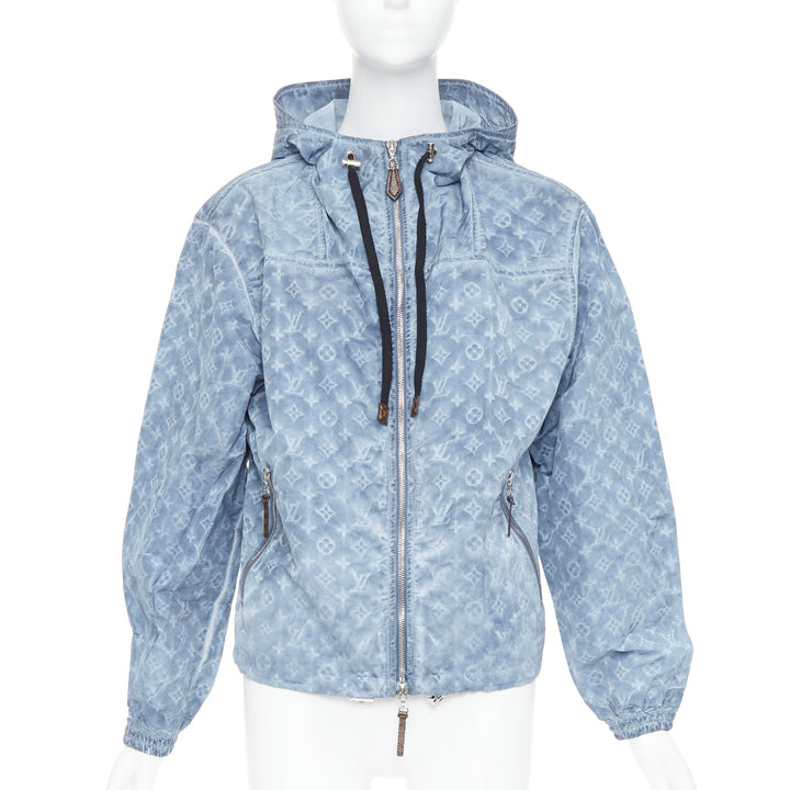 LOUIS VUITTON blue washed monogram print hooded zip anorak jacket FR38 M
