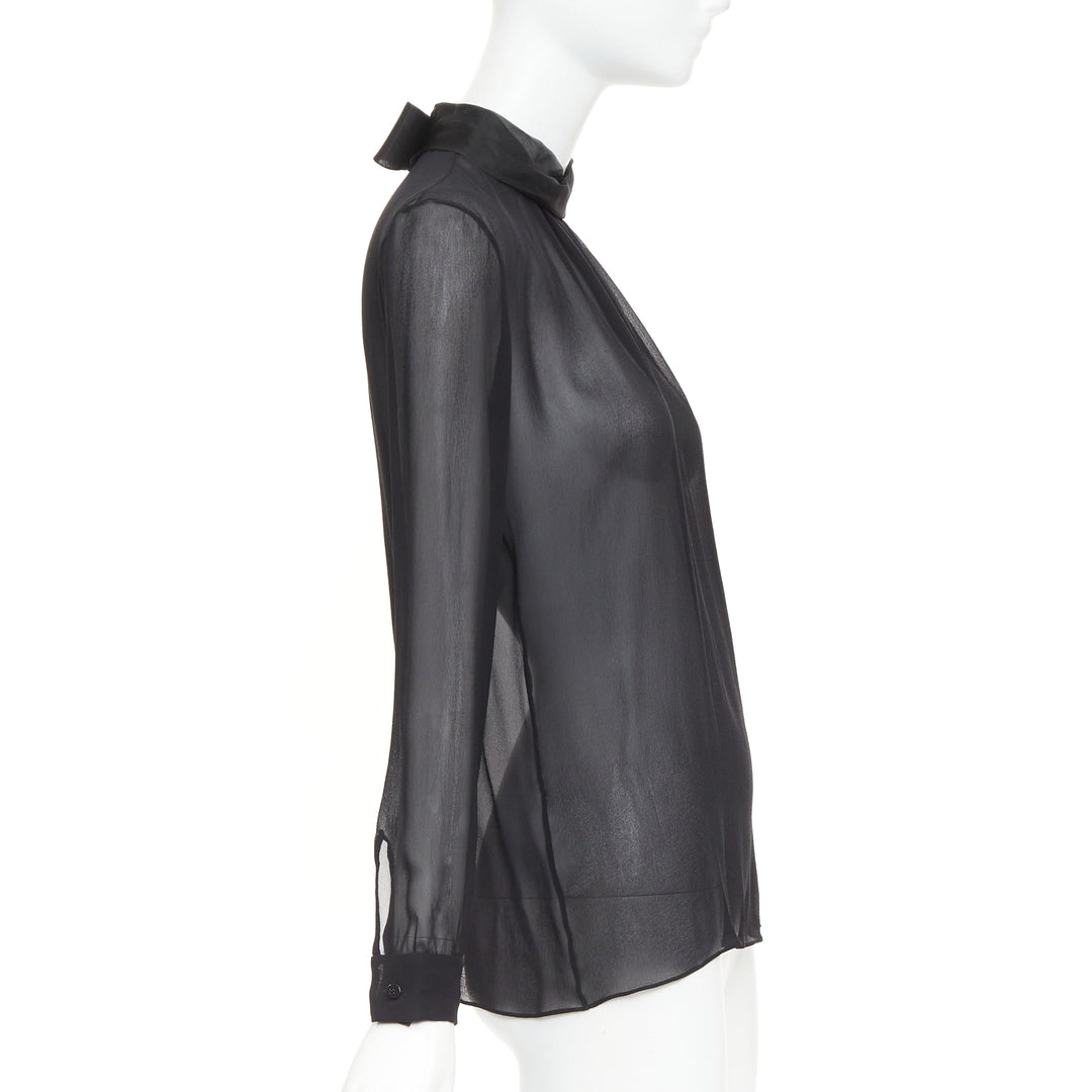VALENTINO black silk georgette sheer draped high collar ruched blouse top UK6 XS