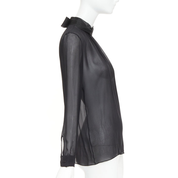 VALENTINO black silk georgette sheer draped high collar ruched blouse top UK6 XS