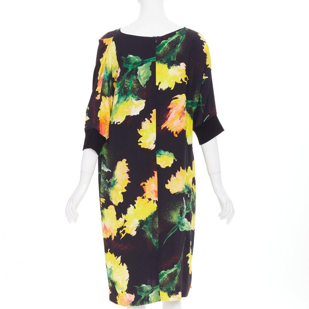 ESCADA graphic floral yellow orange black viscose dolman sleeve dress FR42 XL