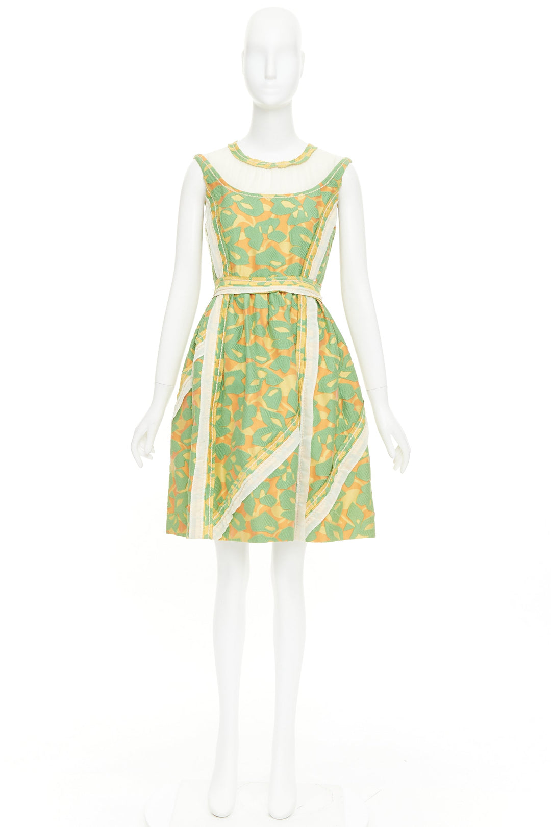 PRADA 2015 Runway green orange raw edge brocade stitch patchwork dress IT40 S