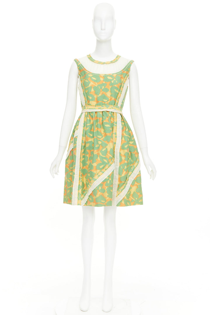PRADA 2015 Runway green orange raw edge brocade stitch patchwork dress IT40 S