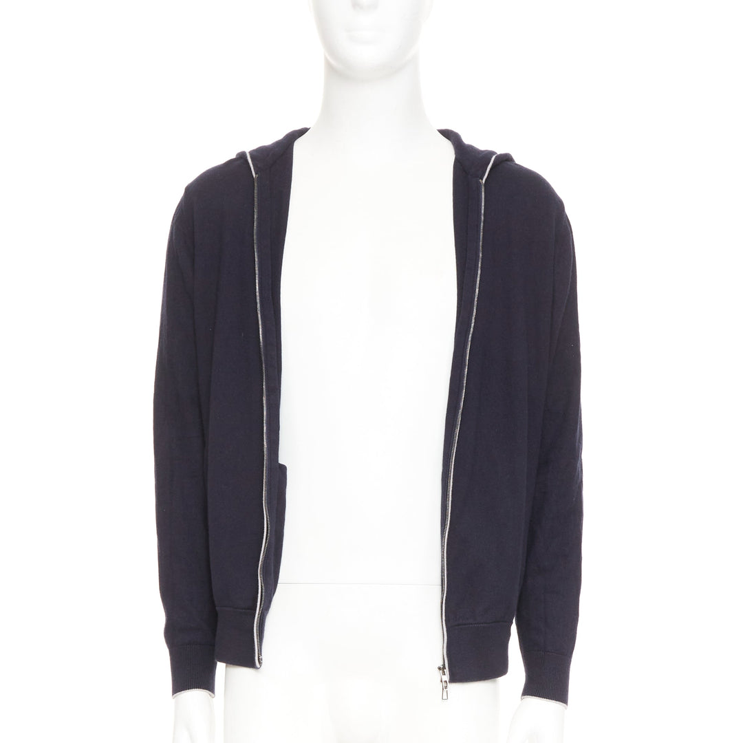LORO PIANA navy cotton cashmere knit silver zip front hooded sweater hoodie M