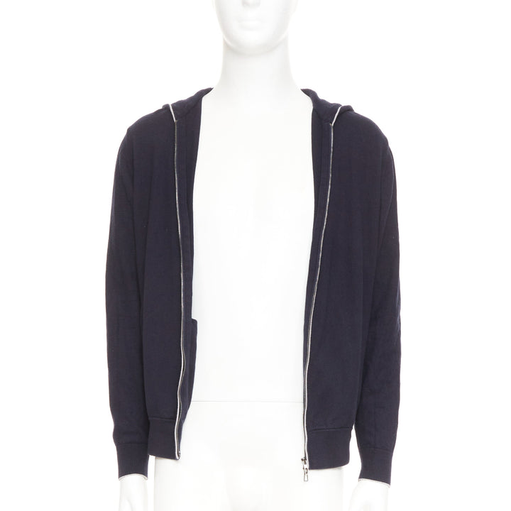 LORO PIANA navy cotton cashmere knit silver zip front hooded sweater hoodie M