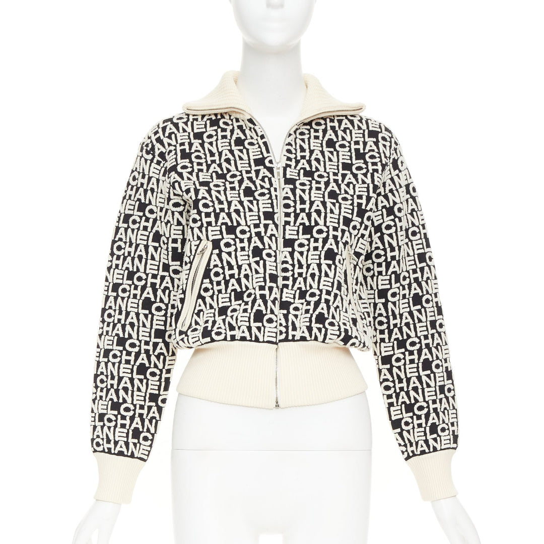 CHANEL 19A Coco Neige embossed monogram jacquard cropped bomber jacket FR34 XS