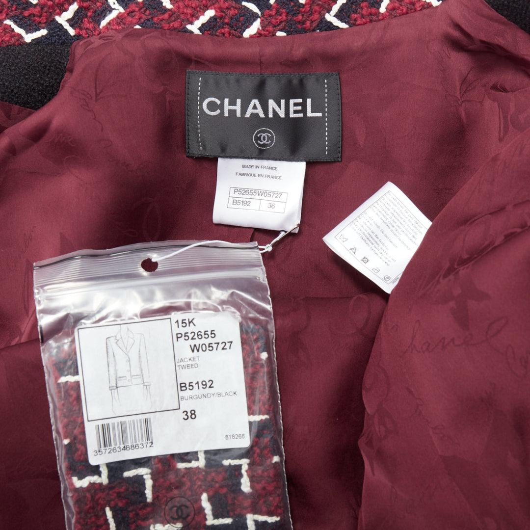 CHANEL 15A Runway Brassiere burgundy black geometric CC tweed jacket FR36 S