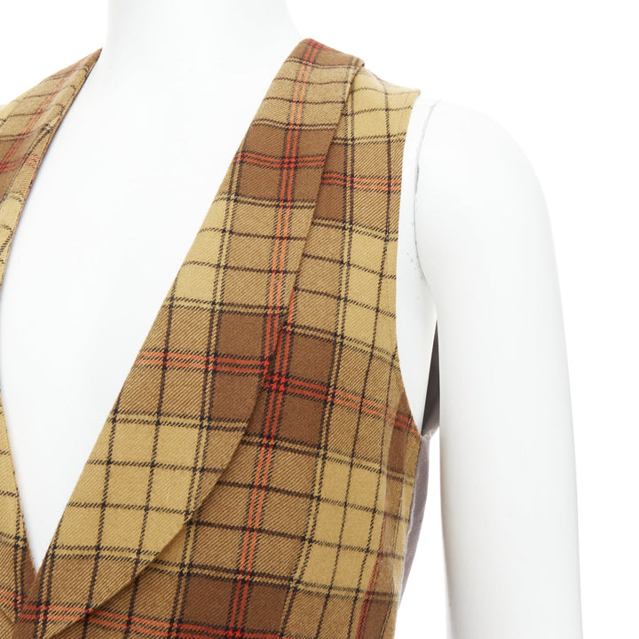 DRIES VAN NOTEN brown red plaid 100% wool shawl collar waistcoat IT48 M