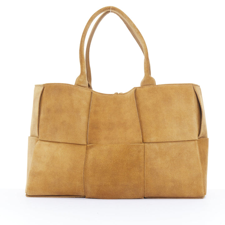 BOTTEGA VENETA Arco Medium camel suede maxi intrecciato top handle hobo tote bag