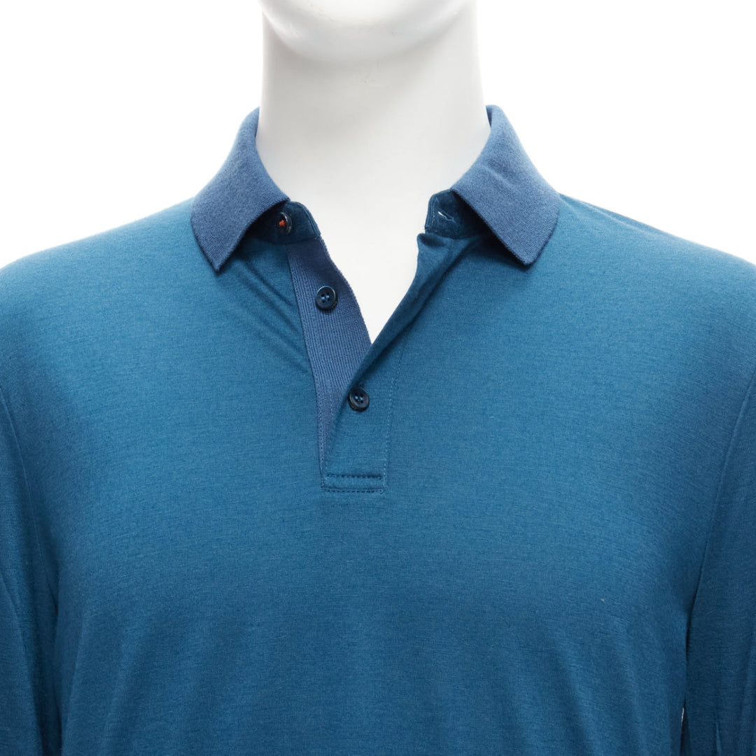 LORO PIANA teal blue 100% cashmere stitch button detail long sleeve polo shirt M