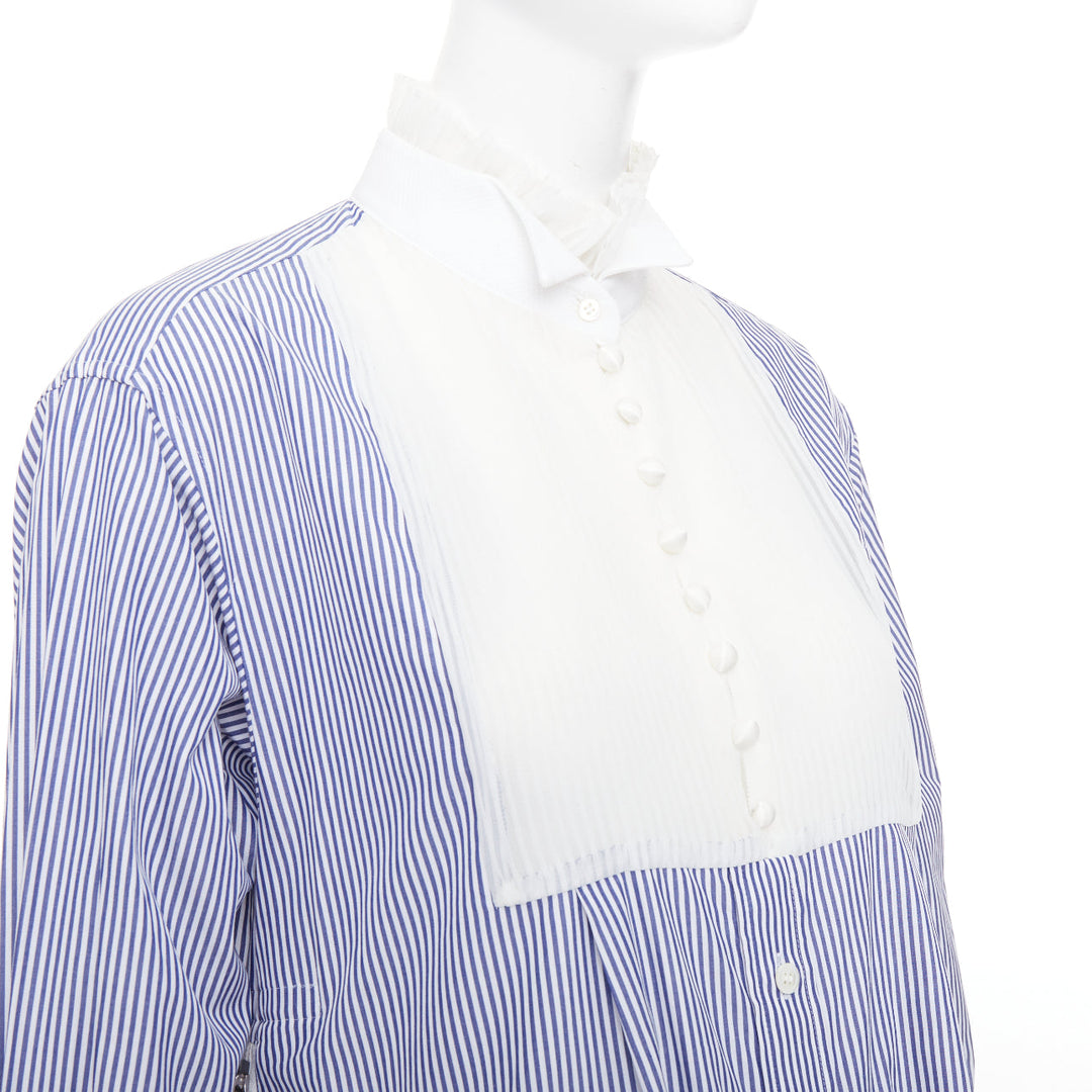 SACAI 2017 blue white striped cotton poplin bib collar ruffle shirt dress JP1 S