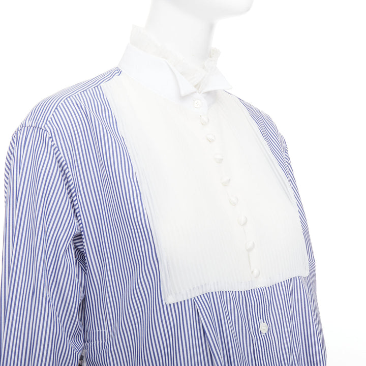 SACAI 2017 blue white striped cotton poplin bib collar ruffle shirt dress JP1 S