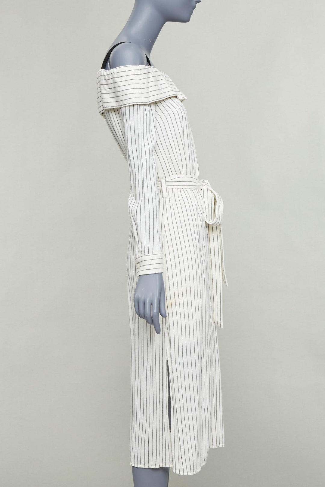 TIBI cream grey pinstriped off shoulder black contrast tie waist dress US4 S