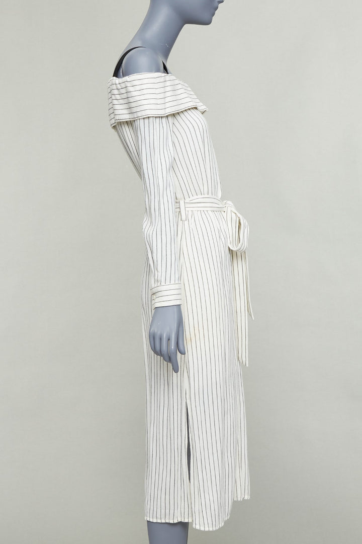 TIBI cream grey pinstriped off shoulder black contrast tie waist dress US4 S