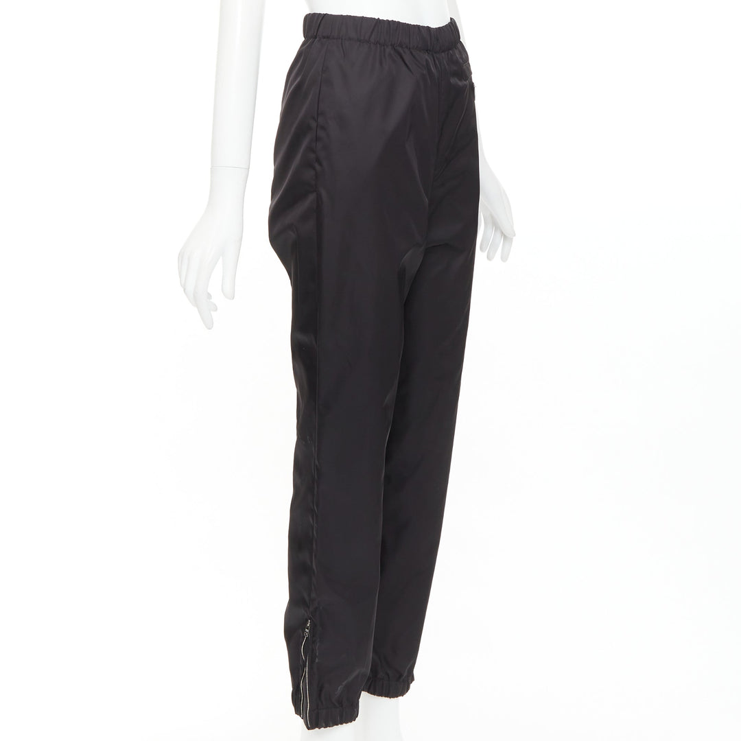PRADA black silver logo leather plague nylon high waist tapered jogger pants