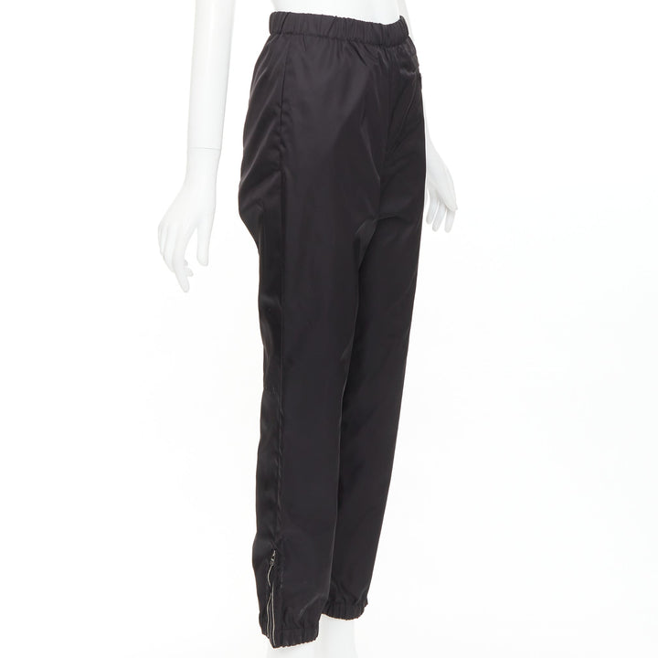 PRADA black silver logo leather plague nylon high waist tapered jogger pants
