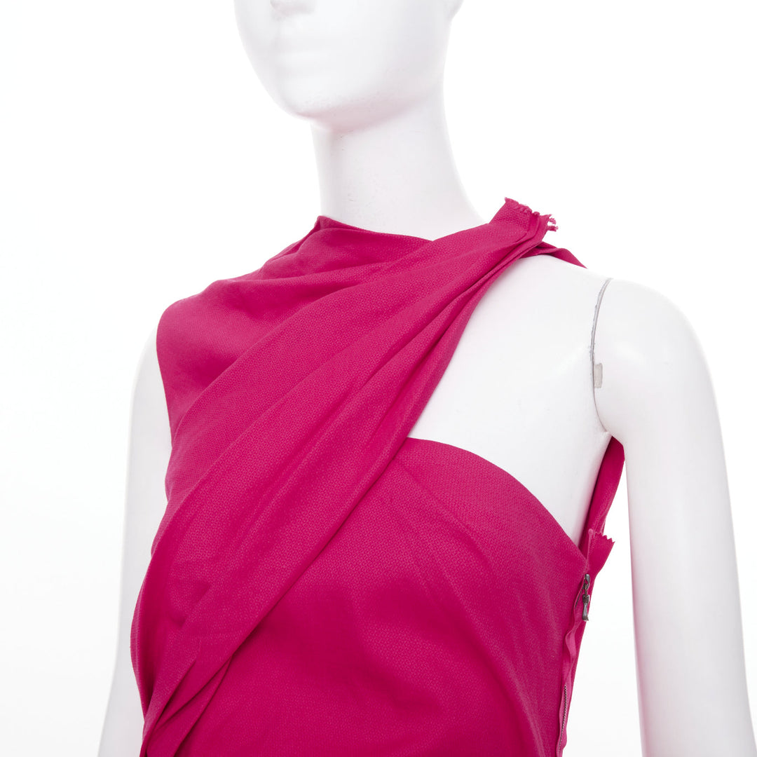 LANVIN 2014 hot pink linen draped asymmetric shoulder cocktail dress FR38 M