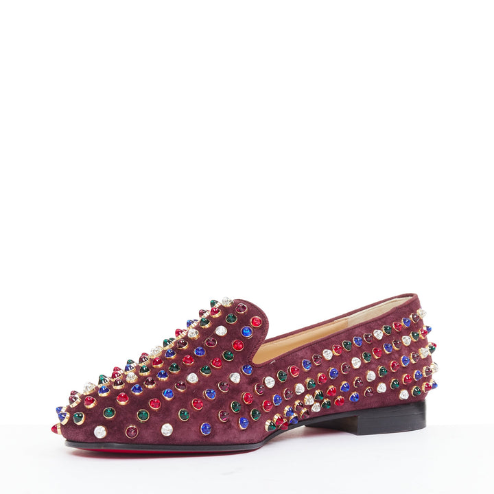 CHRISTIAN LOUBOUTIN burgundy suede jewel tone gripoix stone stud loafers EU36.5