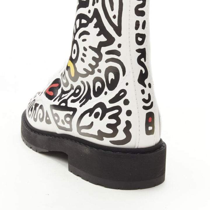 rare FENDI MR DOODLE white logo graffiti print laced combat ankle boot EU36