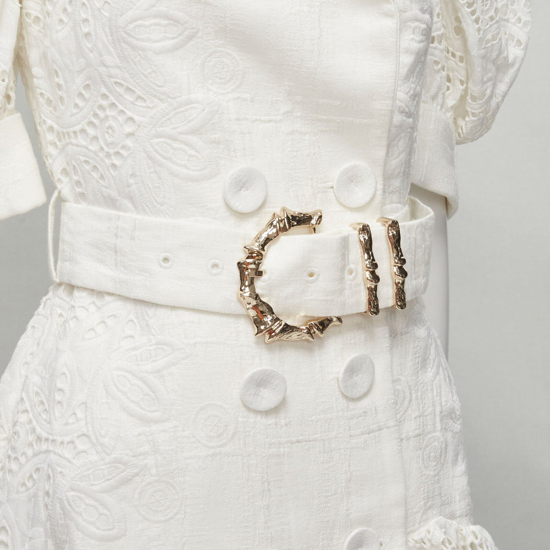 ACLER white embroidery eyelet puff sleeve belted double breasted dress US2 XS