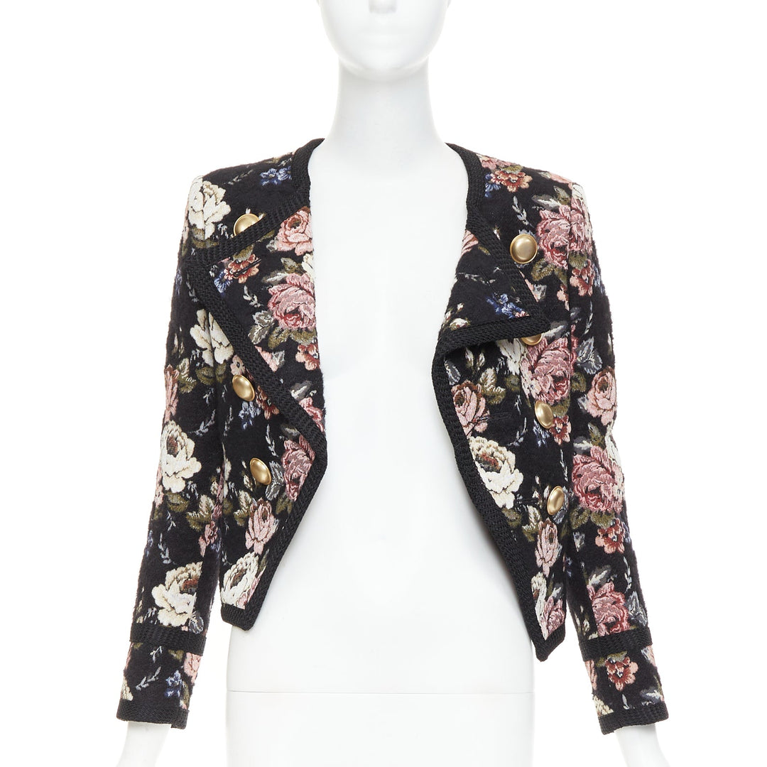SAINT LAURENT 2017 floral jacquard tapestry gold crop officer jacket FR36 S