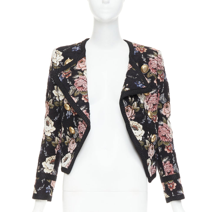 SAINT LAURENT 2017 floral jacquard tapestry gold crop officer jacket FR36 S