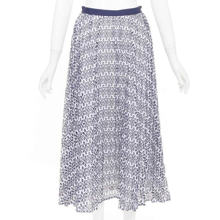 OSCAR DE LA RENTA S17 navy white cotton eyelet floral embroidered skirt XS US0