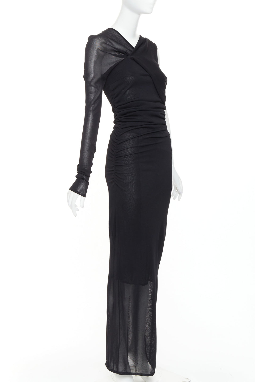 SAINT LAURENT 2023 black viscose ruched one shoulder semi sheer dress XS