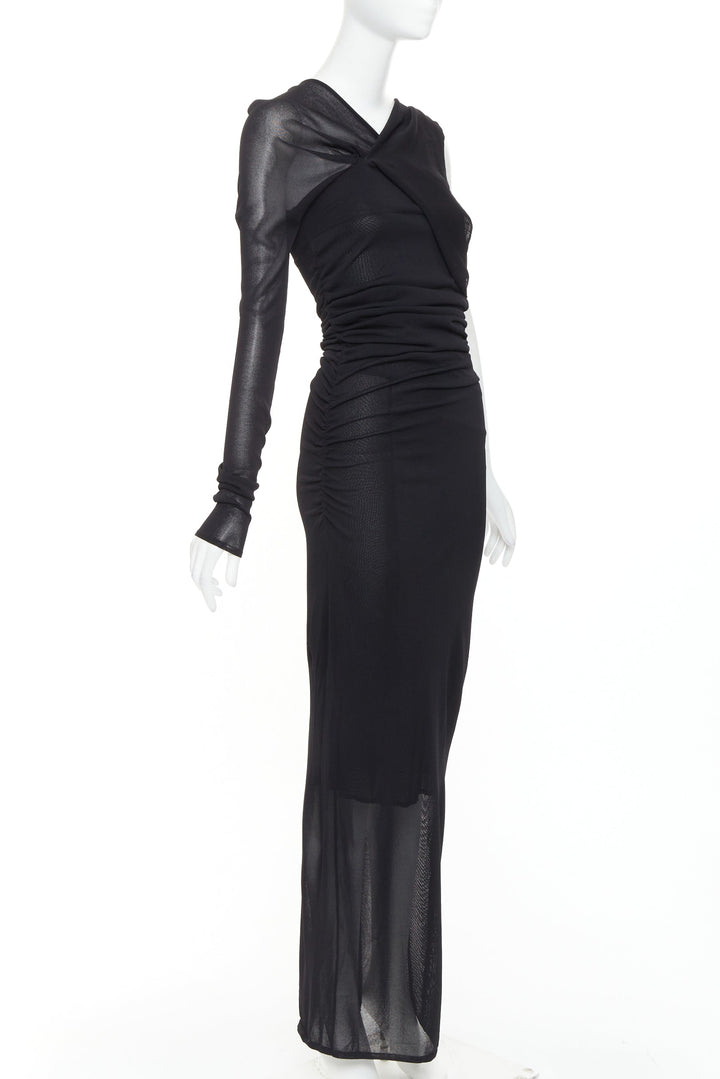 SAINT LAURENT 2023 black viscose ruched one shoulder semi sheer dress XS