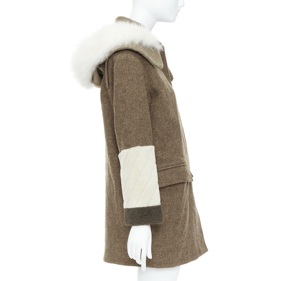 FENDI colorblocked brown wool patchwork fur hooded parka coat IT38 XS