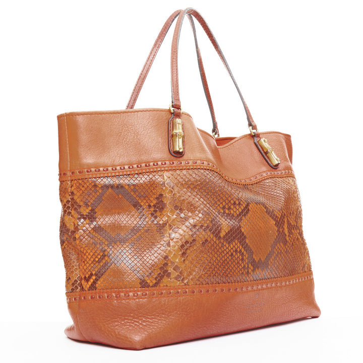 GUCCI Laidback Crafty tan calf leather scaled panel bamboo hardware tote bag