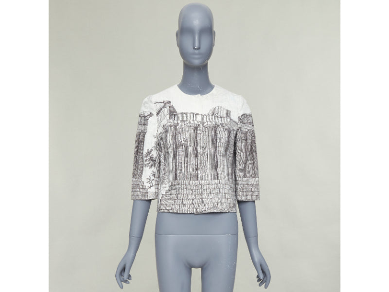 DOLCE GABBANA 2014 cream linen grey Greek Temple printed flax crop jacket IT40 S