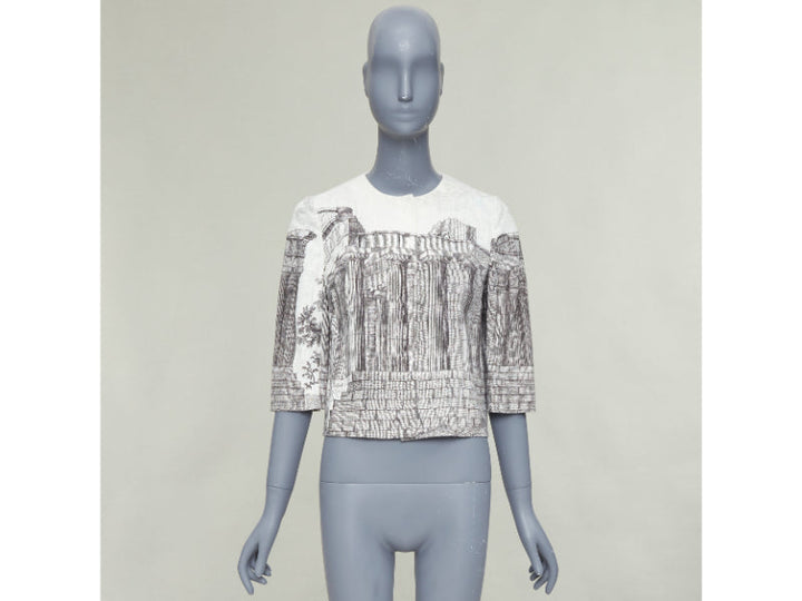 DOLCE GABBANA 2014 cream linen grey Greek Temple printed flax crop jacket IT40 S