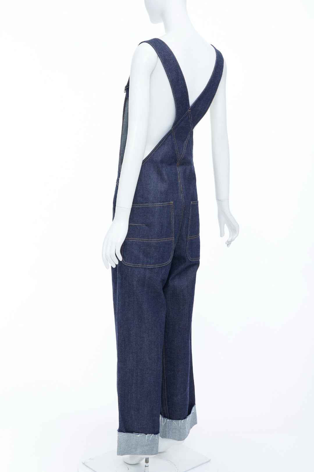 CHRISTIAN DIOR oblique cuffed dark blue raw denim straight overalls FR36 S
