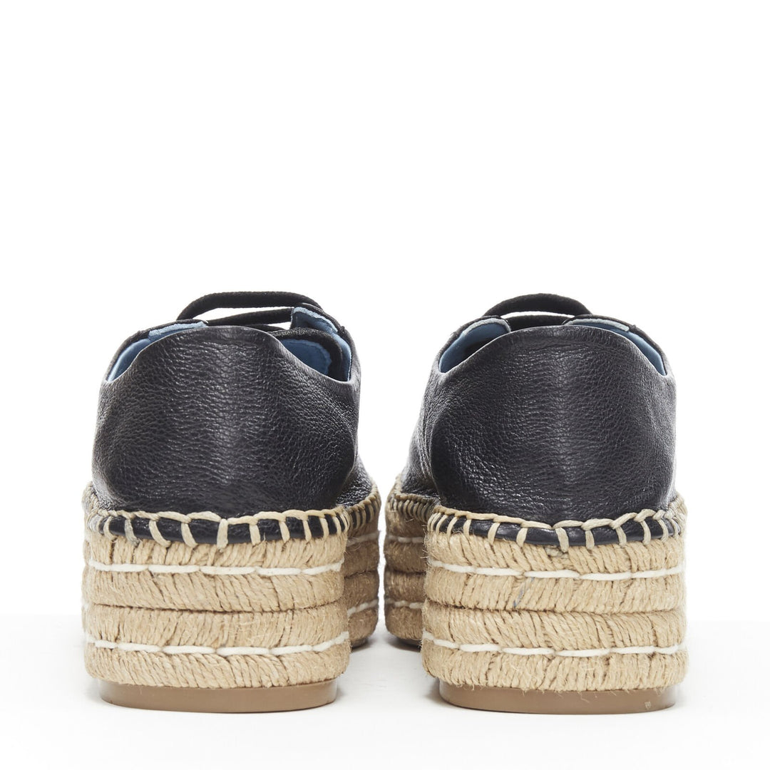 PRADA black leather signature blue tab double jute platform espadrille EU40