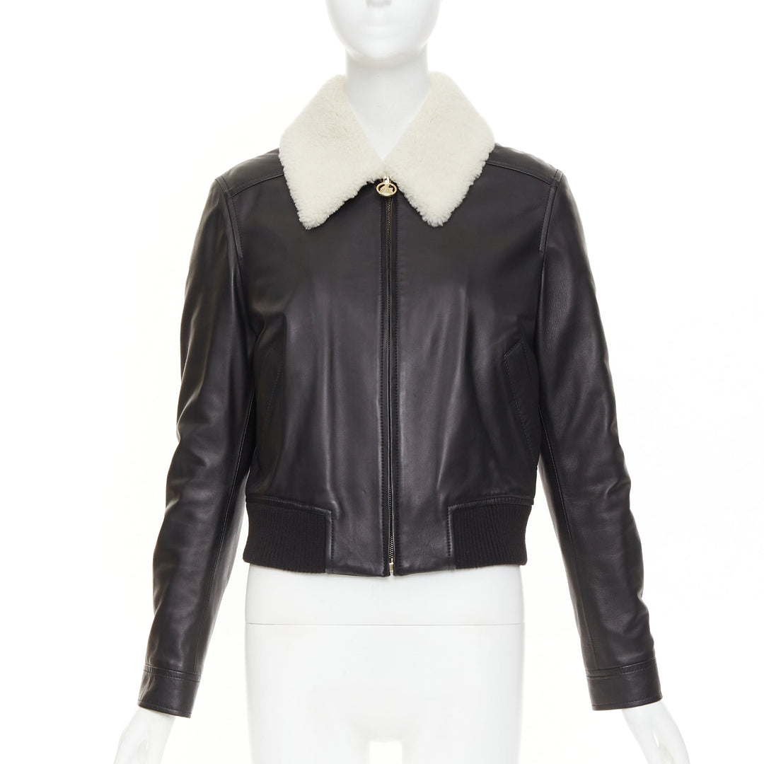LANVIN 2021 black lambskin leather shearling collar crop aviator bomber FR38 M