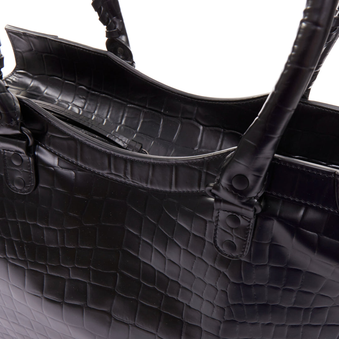 BALENCIAGA 2021 Neo Classic City black matte croc embossed leather satchel bag