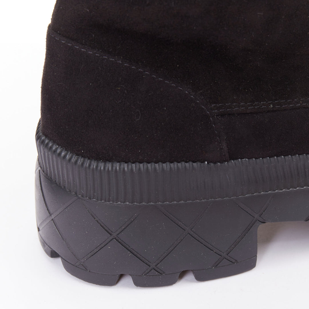 CHANEL 2023 black quilted suede silver CC cap toe platform combat boots EU37.5