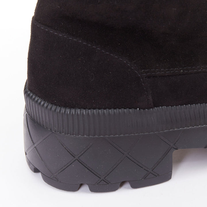 CHANEL 2023 black quilted suede silver CC cap toe platform combat boots EU37.5