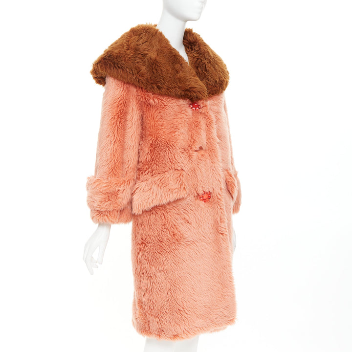 MIU MIU 2017 Runway orange brown XL flower button faux fur oversize coat IT36 XS